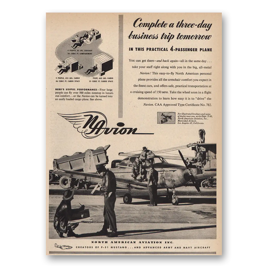 1947 North American Aviation Three Day Business Trip Vintage Magazine Print Ad