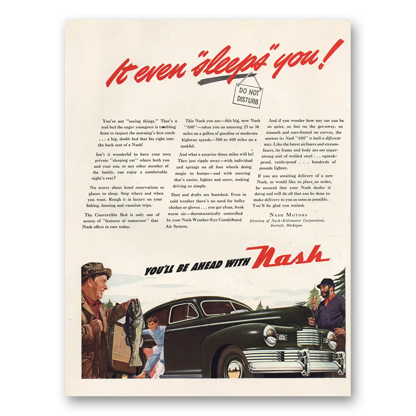 1947 Nash Motors Even Sleeps You Vintage Magazine Print Ad