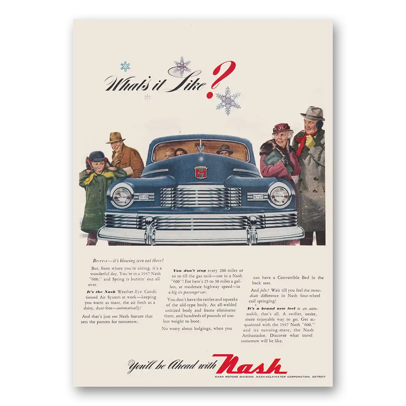 1947 Nash Motors What's It Like Snowflakes Vintage Magazine Print Ad