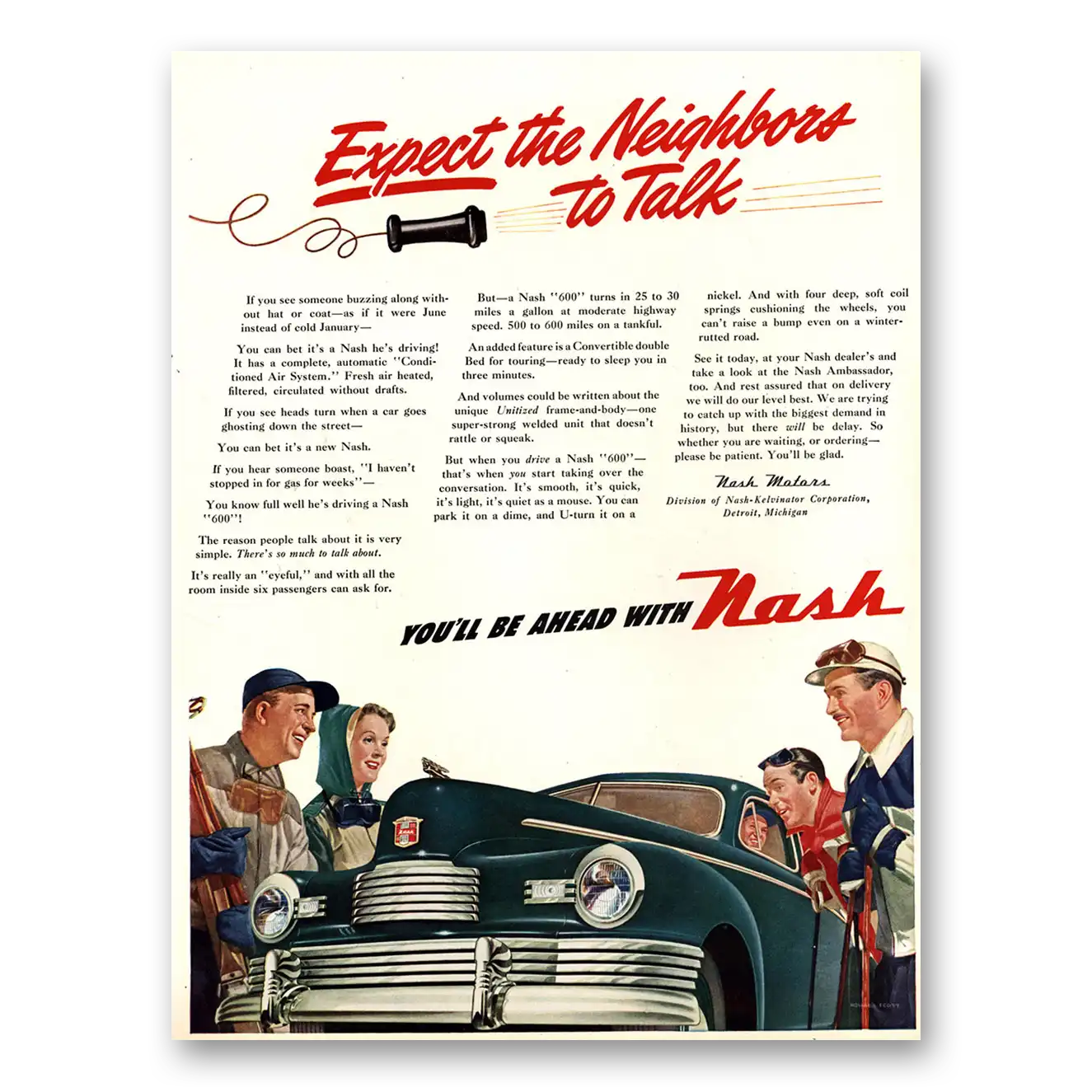 1947 Nash Motors Expect the Neighbor to Talk Vintage Magazine Print Ad