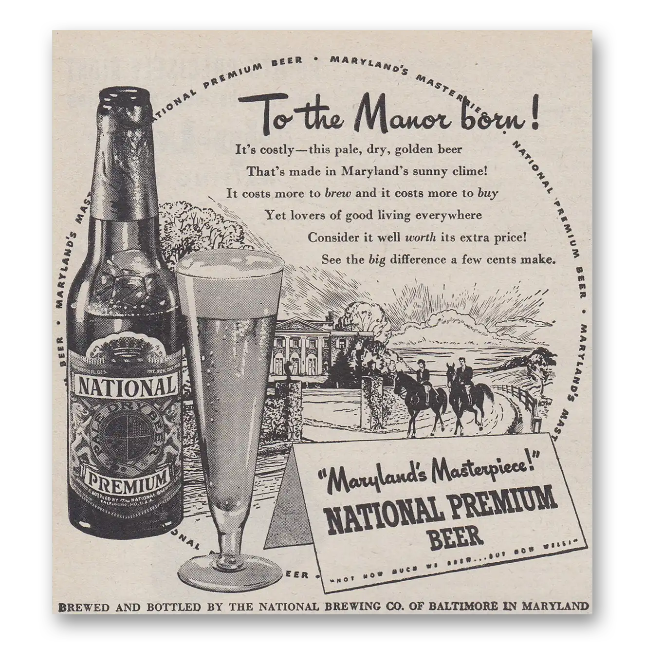 1947 National Premium Beer Marylands Masterpiece Vintage Magazine Print Ad