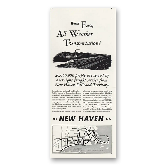 1947 New Haven Railroad All Weather Transportation Vintage Magazine Print Ad