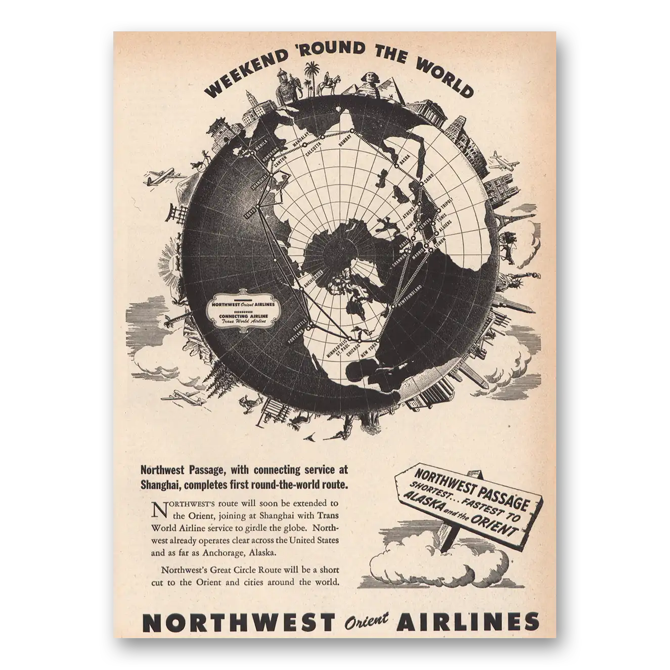 1947 Northwest Orient Weekend Round the World Vintage Magazine Print Ad