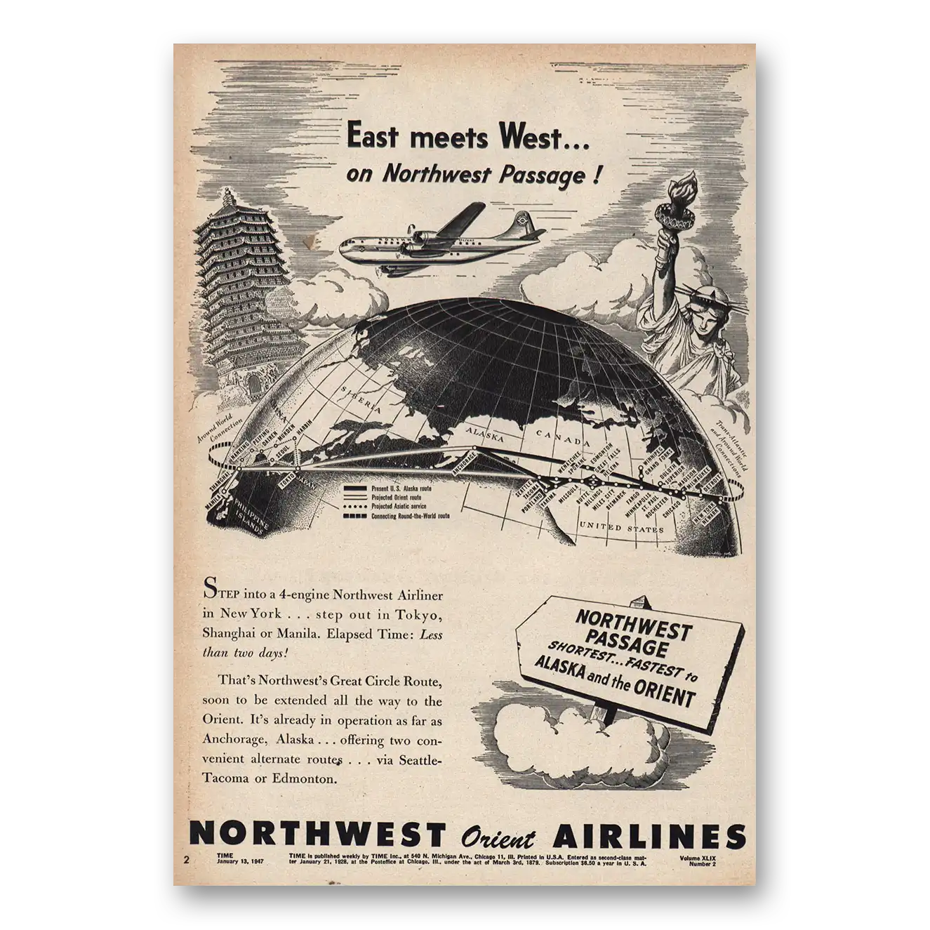 1947 Northwest Orient East Meets West Vintage Magazine Print Ad