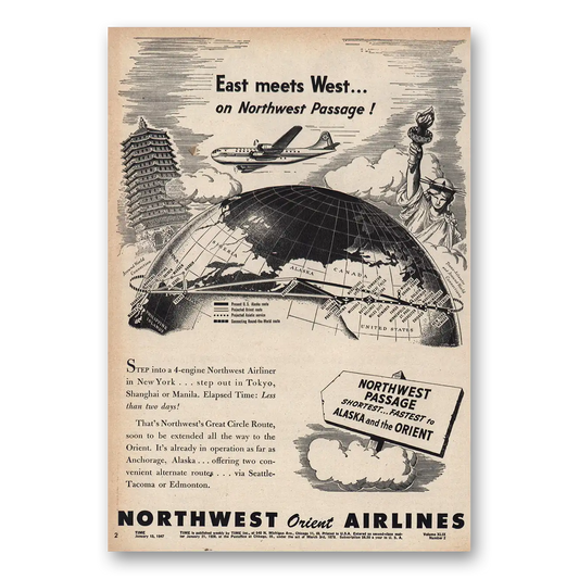 1947 Northwest Orient East Meets West Vintage Magazine Print Ad