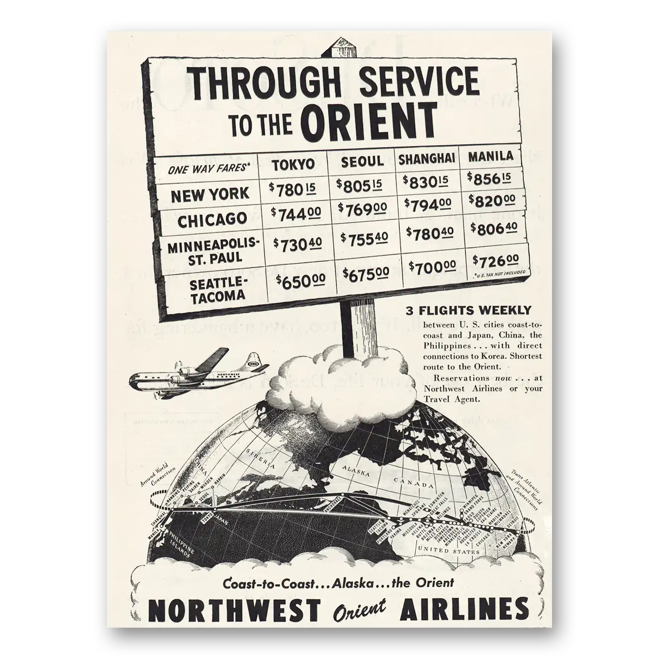 1947 Northwest Orient Airlines Through Service to Orient Vintage Magazine Print Ad