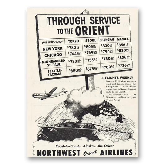 1947 Northwest Orient Airlines Through Service to Orient Vintage Magazine Print Ad