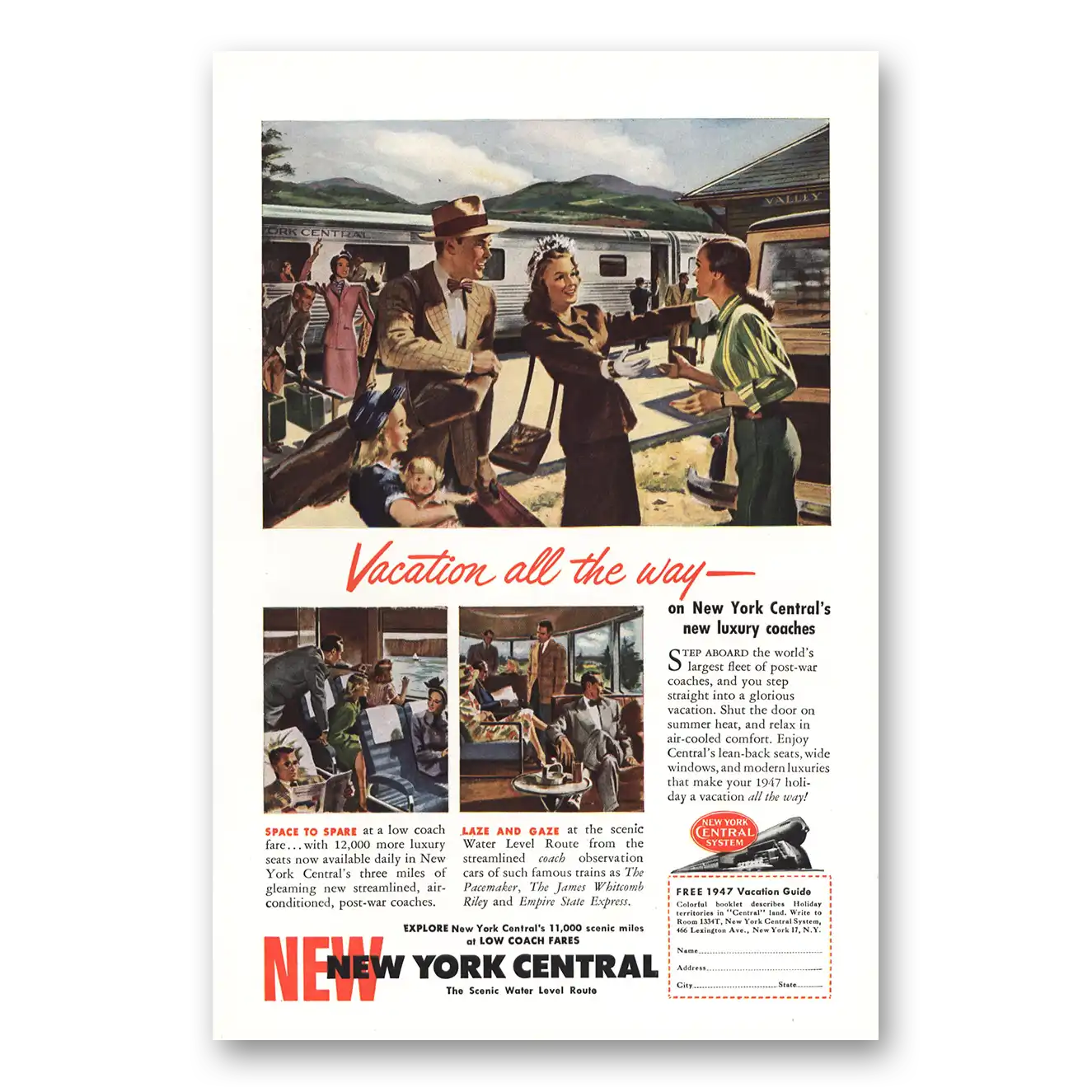 1947 New York Central Vacation all the Way Luxury Coaches Vintage Magazine Print Ad