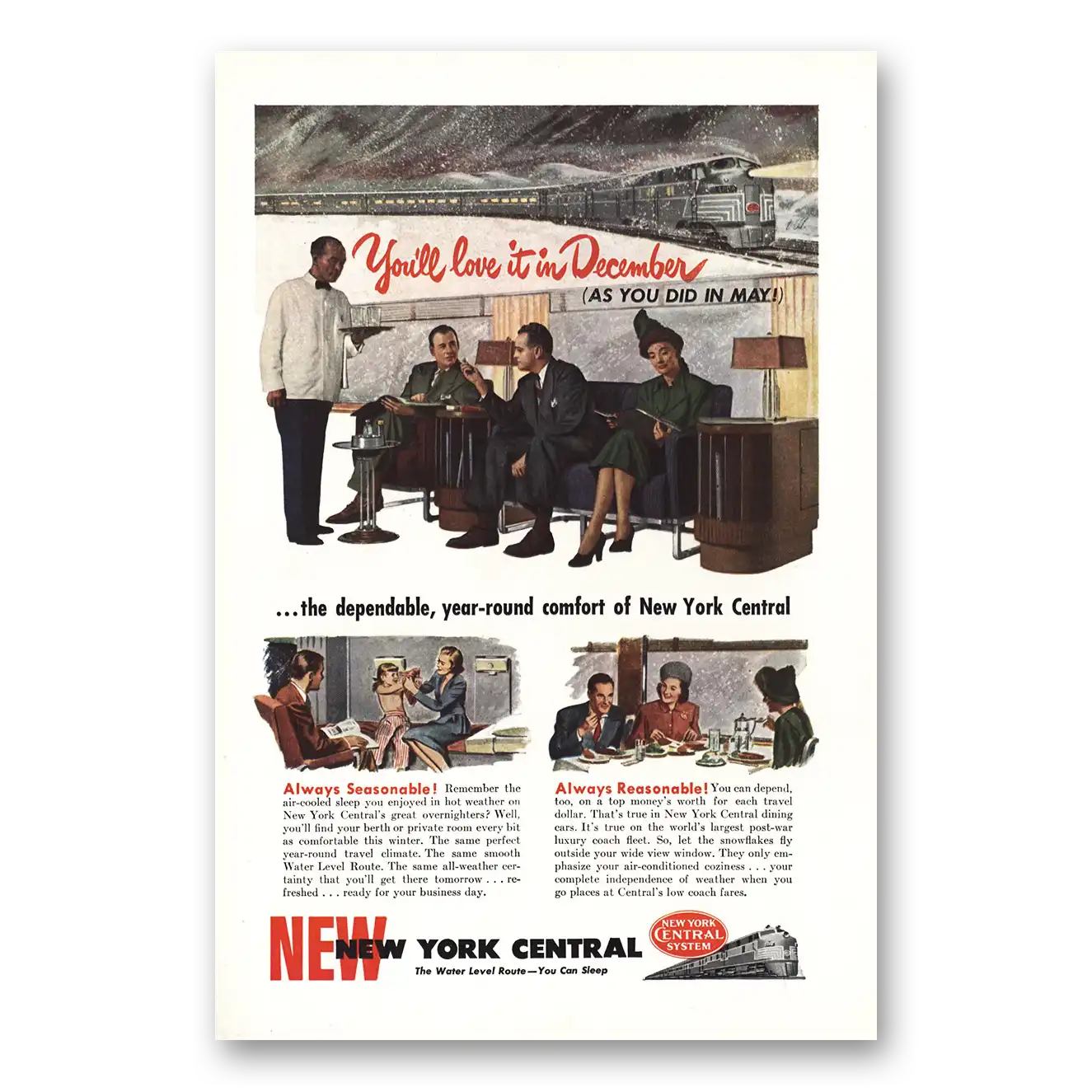 1947 New York Central Love it in December Vintage Magazine Print Ad