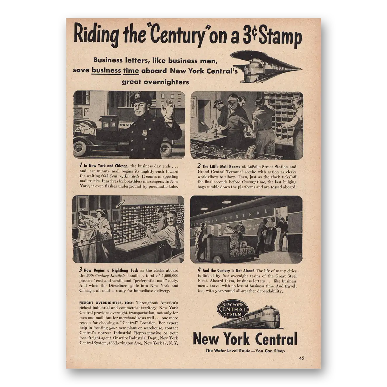 1947 New York Central Riding Century On Stamp Vintage Magazine Print Ad