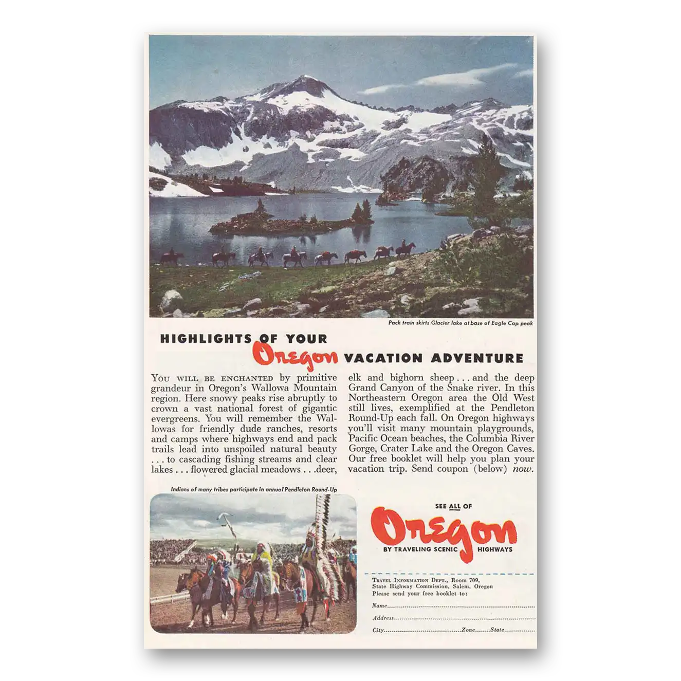 1947 Oregon Eagle Cap Peak Crater Lake Vintage Magazine Print Ad