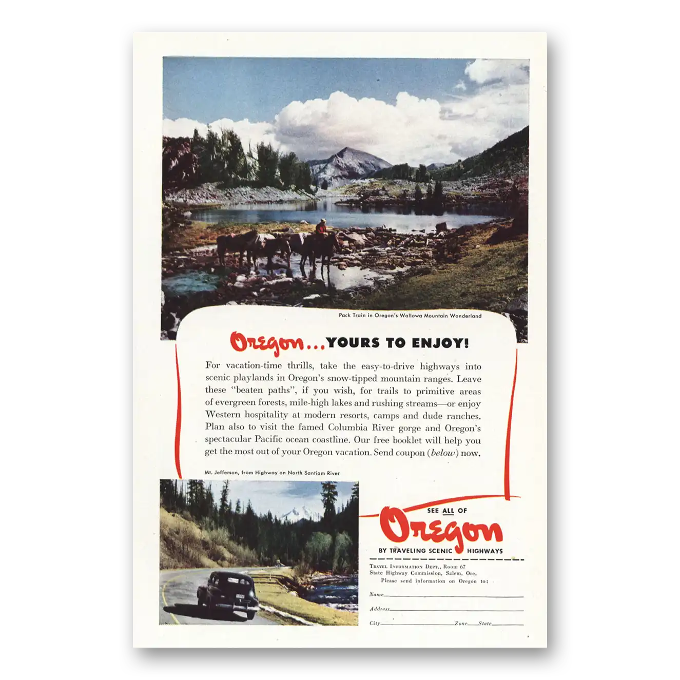 1947 Oregon Pack Train in Wallowa Mountain Wonderland Vintage Magazine Print Ad