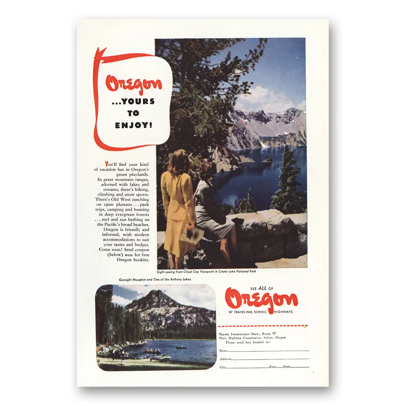 1947 Oregon Cloud Cap Viewpoint Crater Lake Vintage Magazine Print Ad