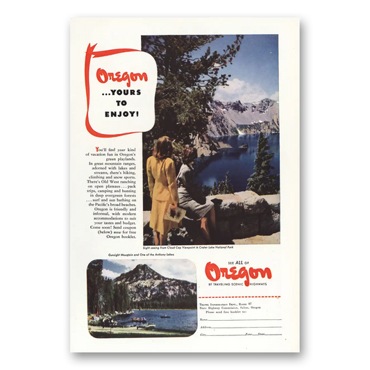 1947 Oregon Cloud Cap Viewpoint Crater Lake Vintage Magazine Print Ad