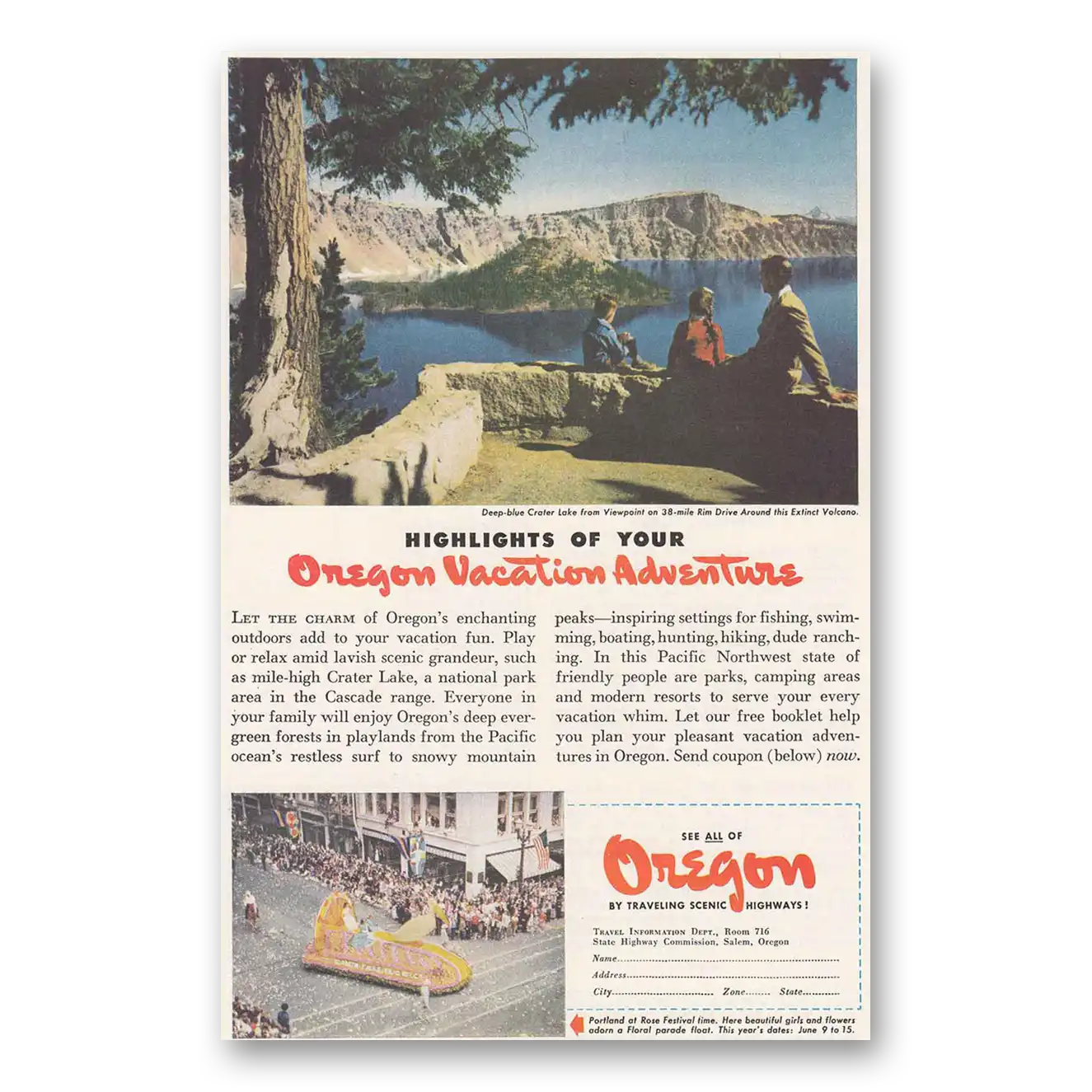 1947 Oregon Crater Lake Vintage Magazine Print Ad