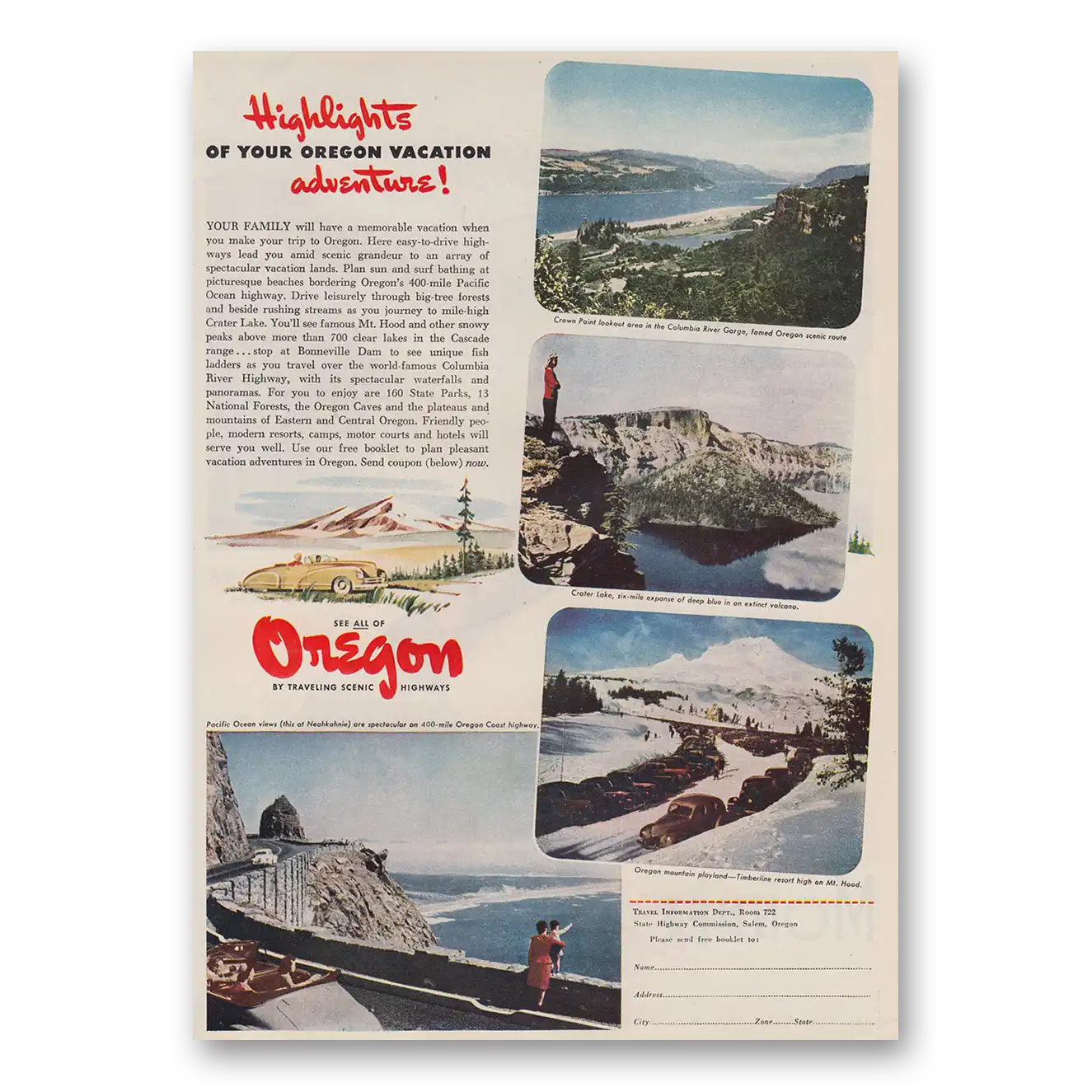 1947 Oregon Crown Point Crater Lake Vintage Magazine Print Ad