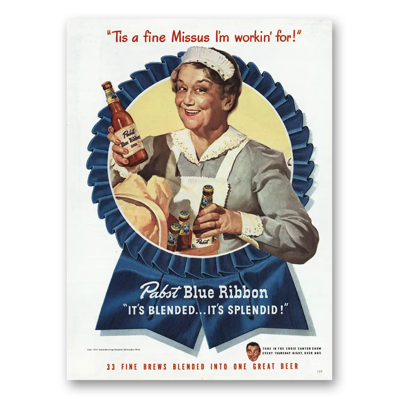 1947 Pabst Blue Ribbon Beer  Tis Fine Missus Vintage Magazine Print Ad