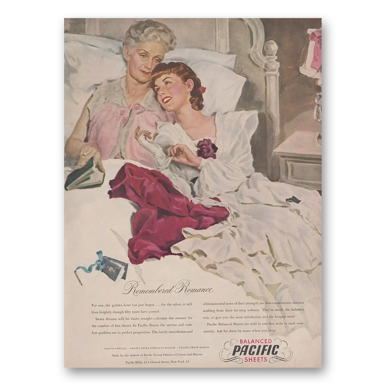 1947 Pacific Sheets Remembered Romance Vintage Magazine Print Ad