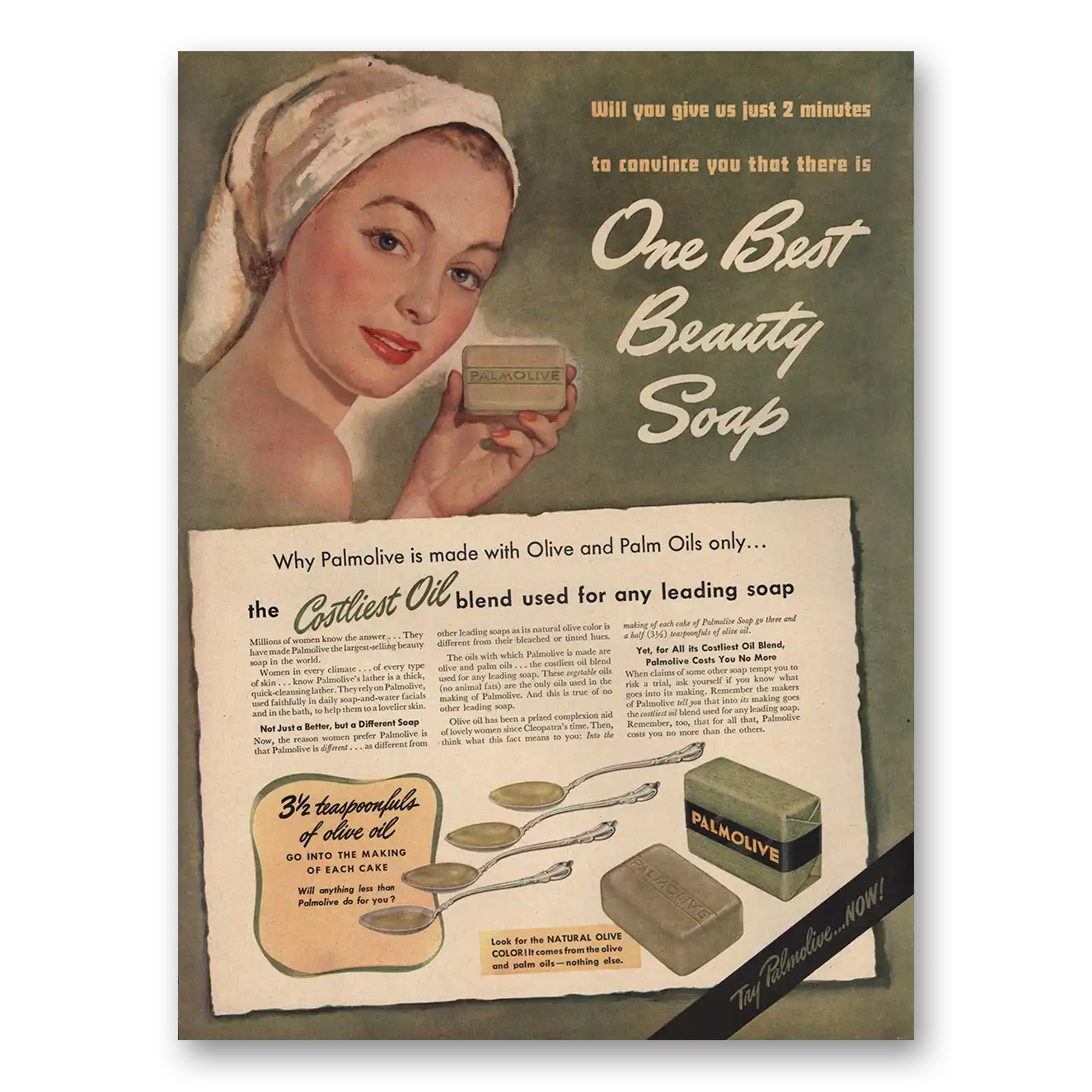 1947 Palmolive Soap Beauty Soap Made With Olive and Palm Oils Vintage Magazine Print Ad