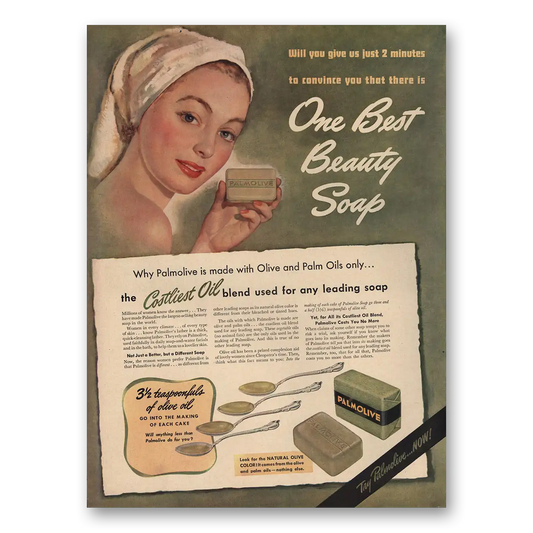 1947 Palmolive Soap Beauty Soap Made With Olive and Palm Oils Vintage Magazine Print Ad