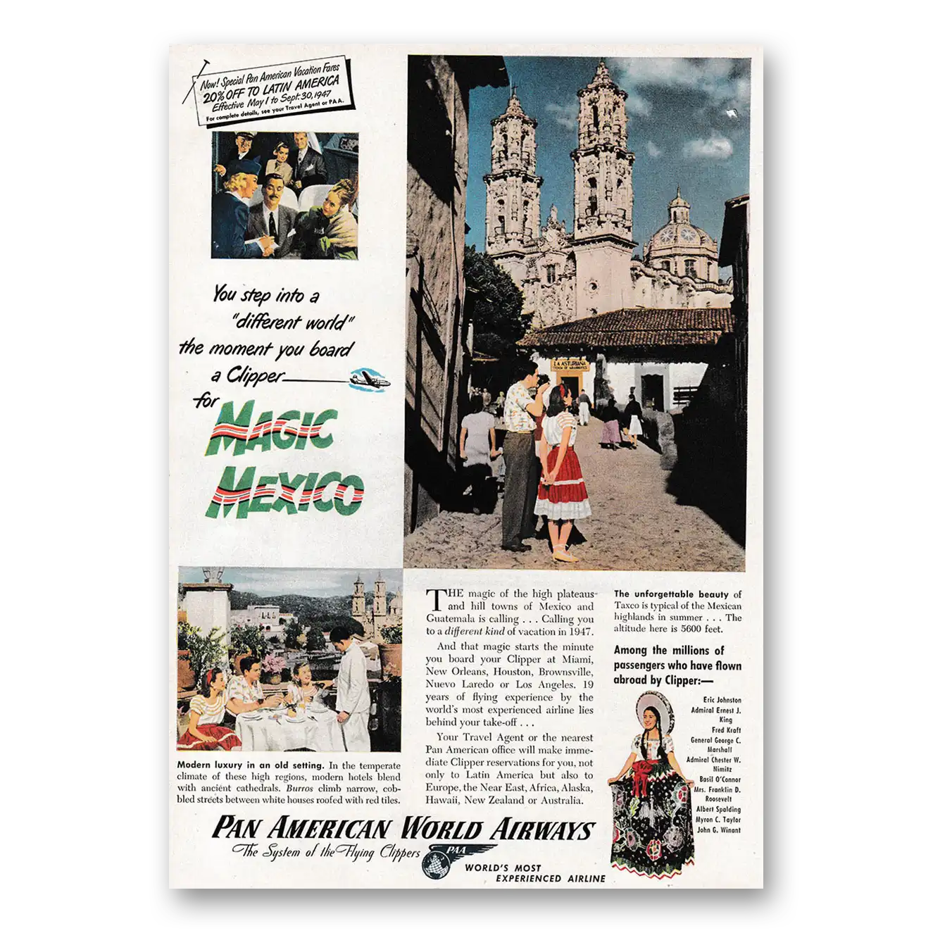 1947 Pan Am Magic Mexico Vintage Magazine Print Ad