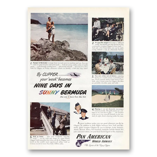 1947 Pan Am Airlines Nine Days In Sunny Bermuda Vintage Magazine Print Ad