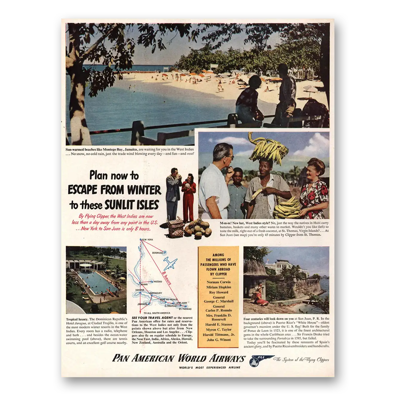 1947 Pan Am Escape From Winter Sunlit Isles Vintage Magazine Print Ad