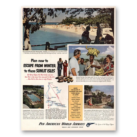 1947 Pan Am Escape From Winter Sunlit Isles Vintage Magazine Print Ad