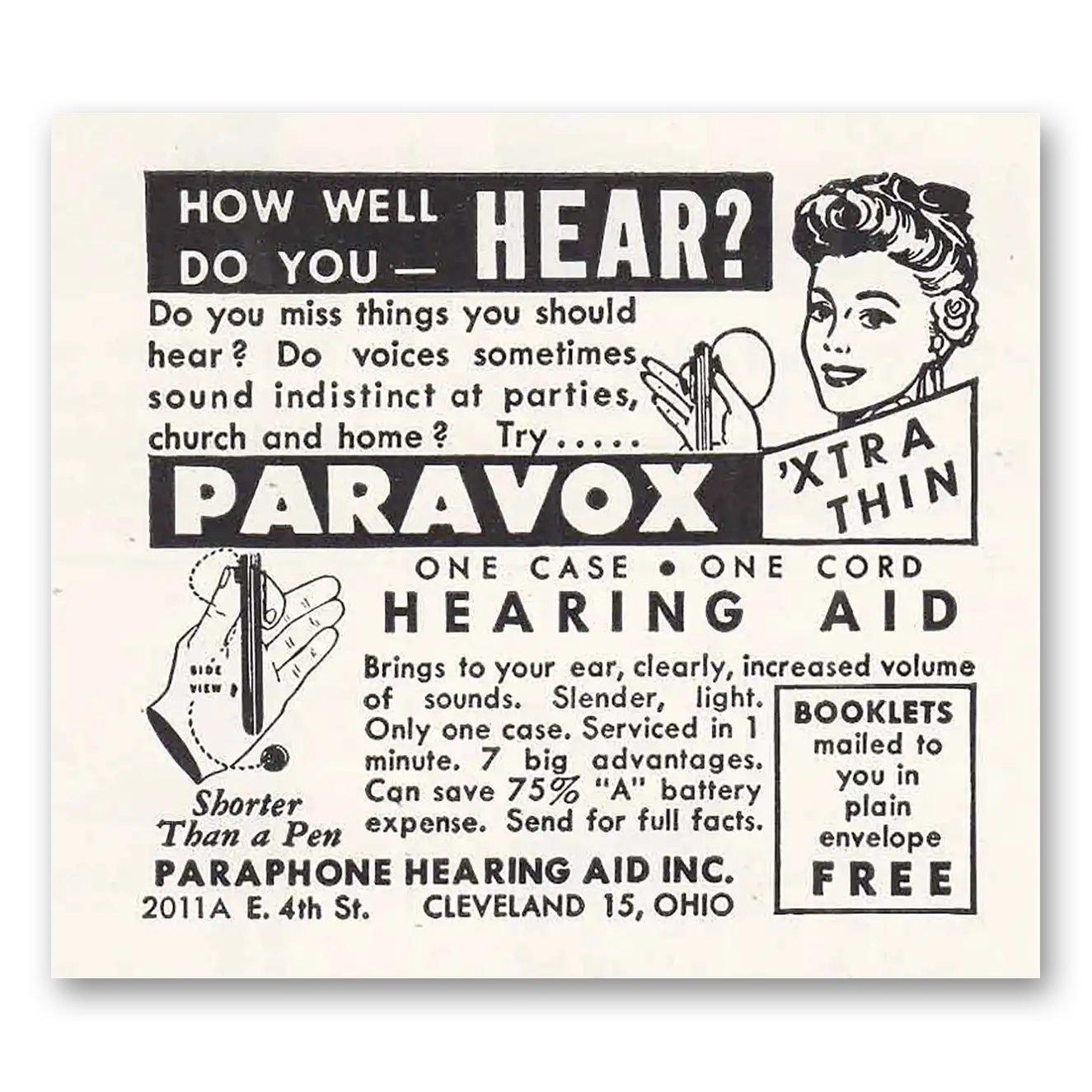 1947 Paravox Hearing Aid How Well Do You Hear Vintage Magazine Print Ad