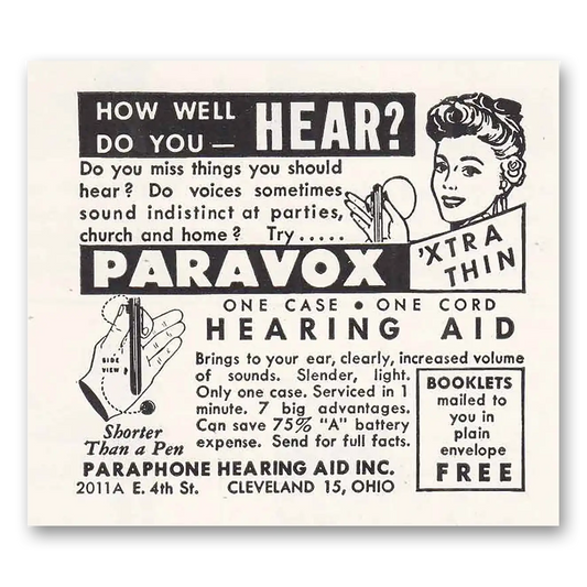 1947 Paravox Hearing Aid How Well Do You Hear Vintage Magazine Print Ad