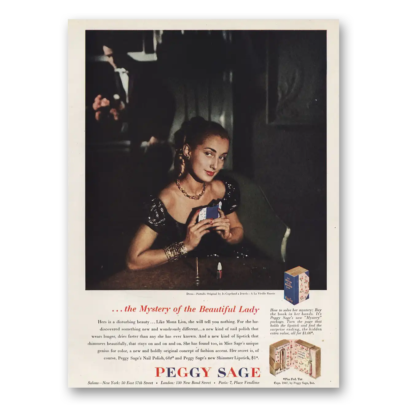 1947 Peggy Sage Cosmetics Nail Polish Mystery of the Beautiful Lady Vintage Magazine Print Ad