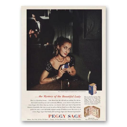 1947 Peggy Sage Cosmetics Nail Polish Mystery of the Beautiful Lady Vintage Magazine Print Ad