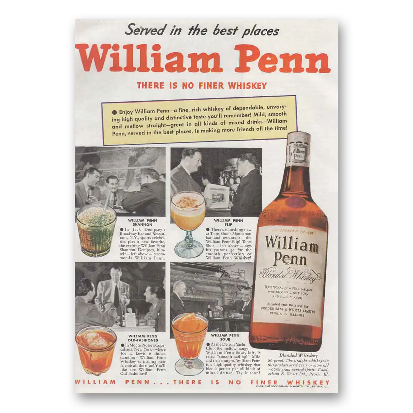 1947 William Penn Whiskey Served in the Best Places Vintage Magazine Print Ad