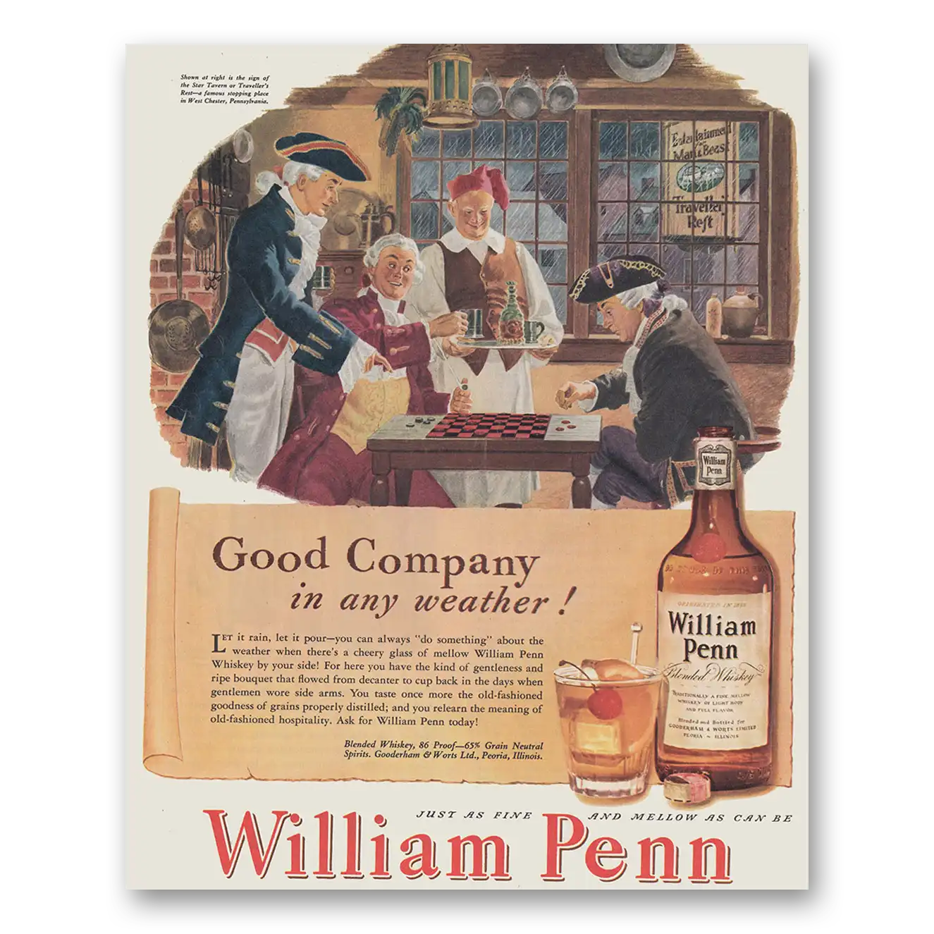 1947 William Penn Whiskey Good Company In Any Weather Vintage Magazine Print Ad