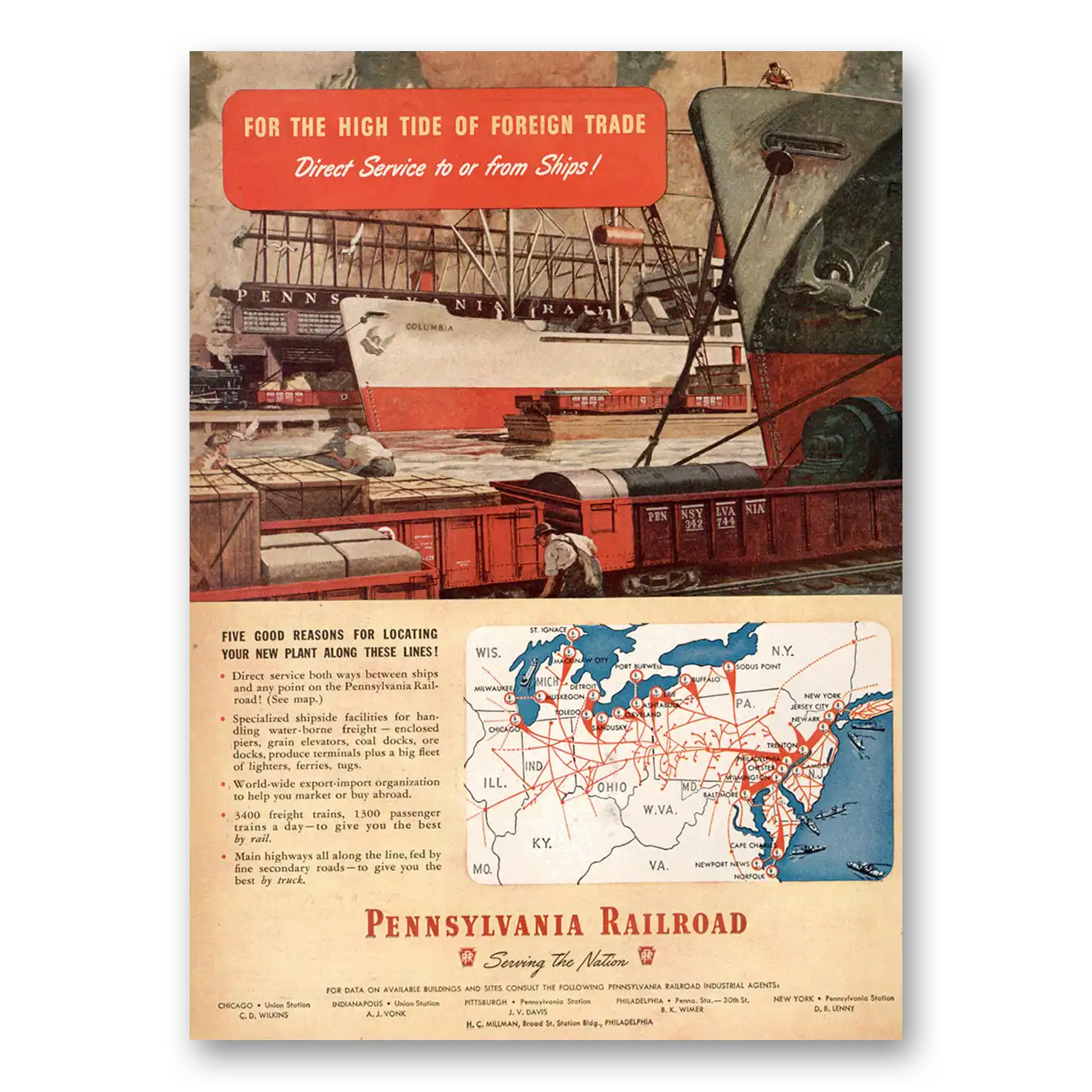 1947 Pennsylvania Railroad High Tide of Foreign Trade Vintage Magazine Print Ad