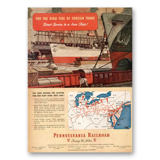 1947 Pennsylvania Railroad High Tide of Foreign Trade Vintage Magazine Print Ad