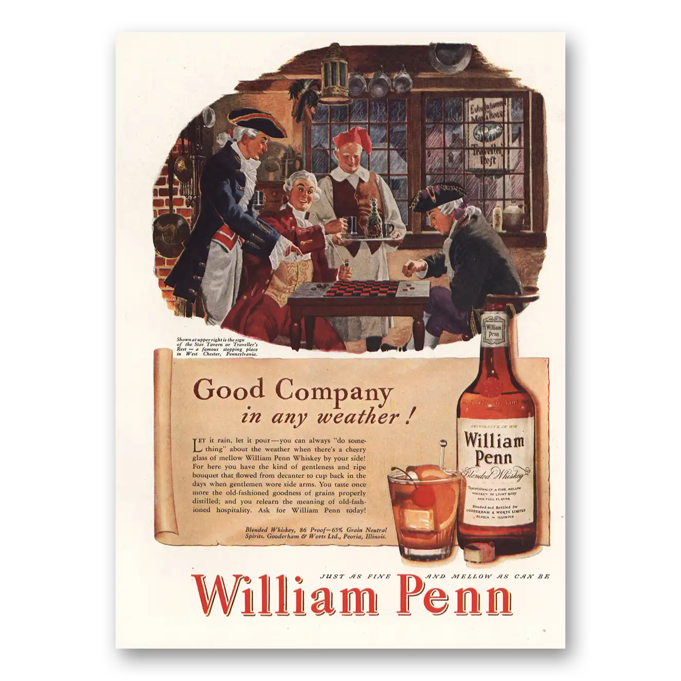 1947 William Penn Whiskey Good Company Vintage Magazine Print Ad