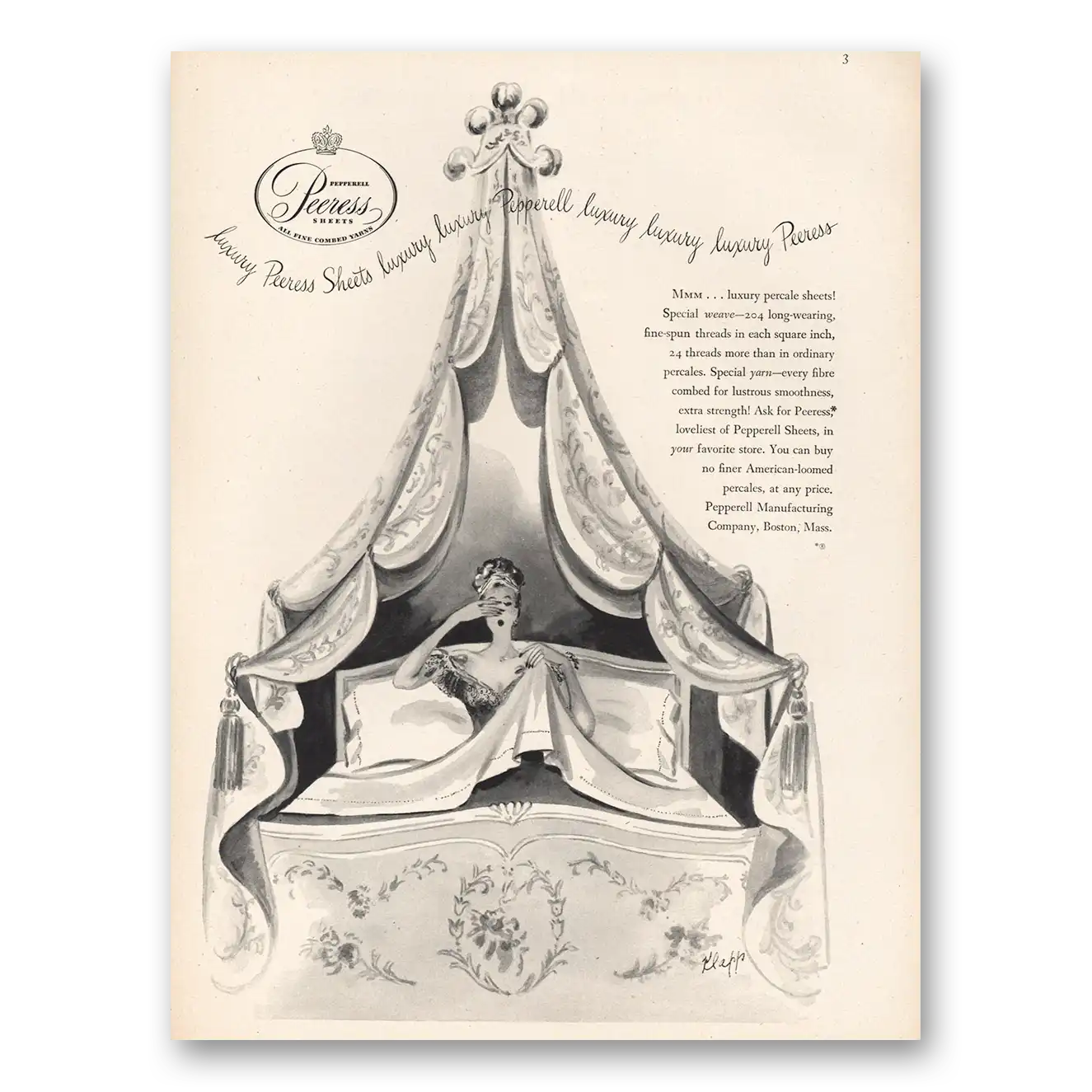 1947 Pepperell Sheets Puress Sheets Luxury Vintage Magazine Print Ad