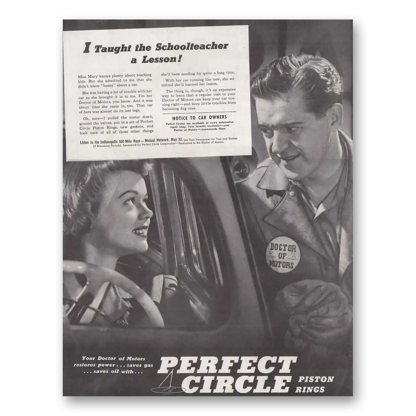 1947 Perfect Circle Piston Rings Taught the Schoolteacher Vintage Magazine Print Ad