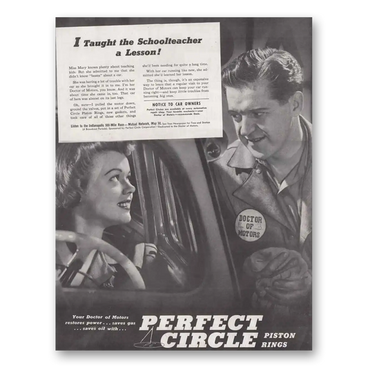 1947 Perfect Circle Piston Rings Taught the Schoolteacher Vintage Magazine Print Ad