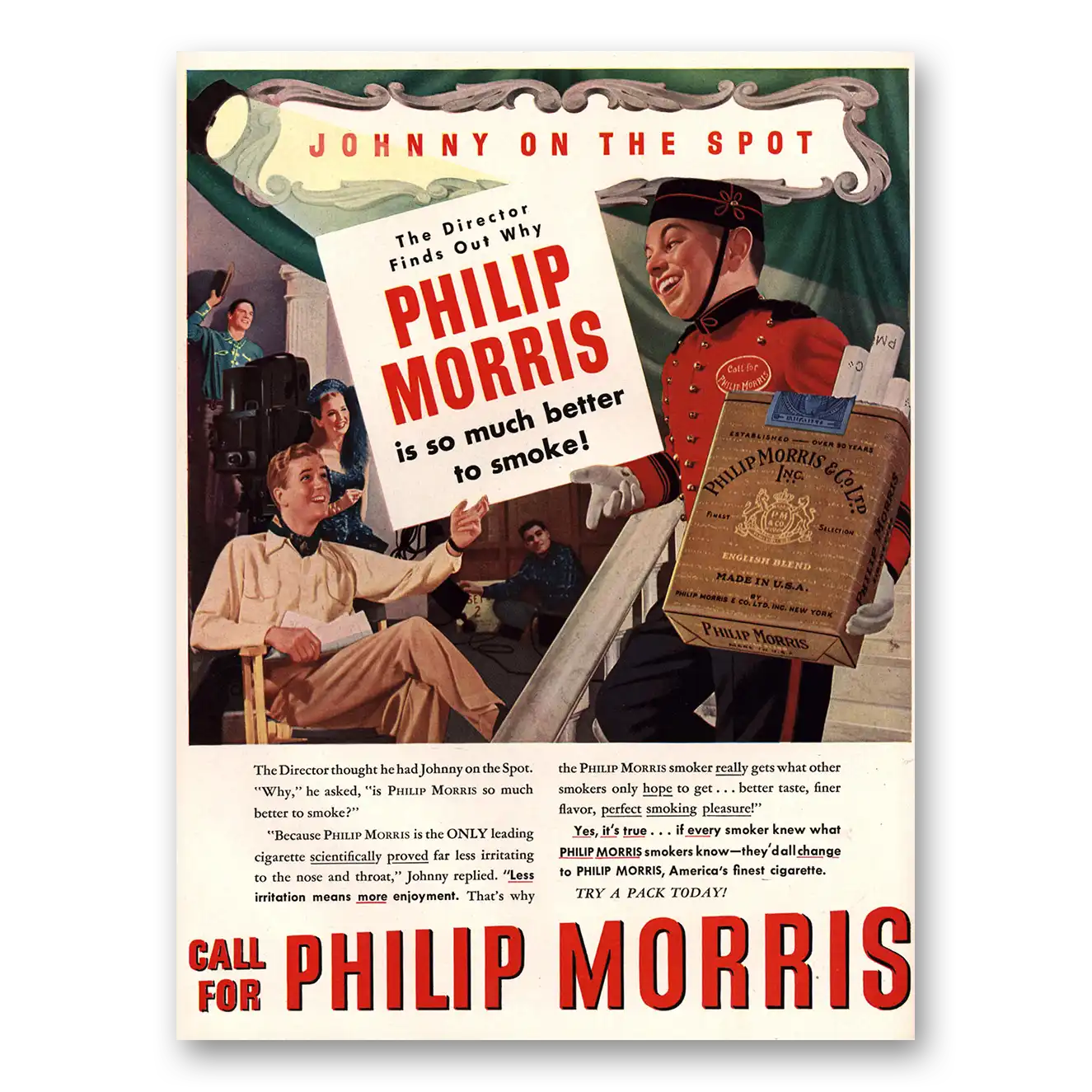 1947 Philip Morris Cigarettes Johnny on the Spot Director Vintage Magazine Print Ad