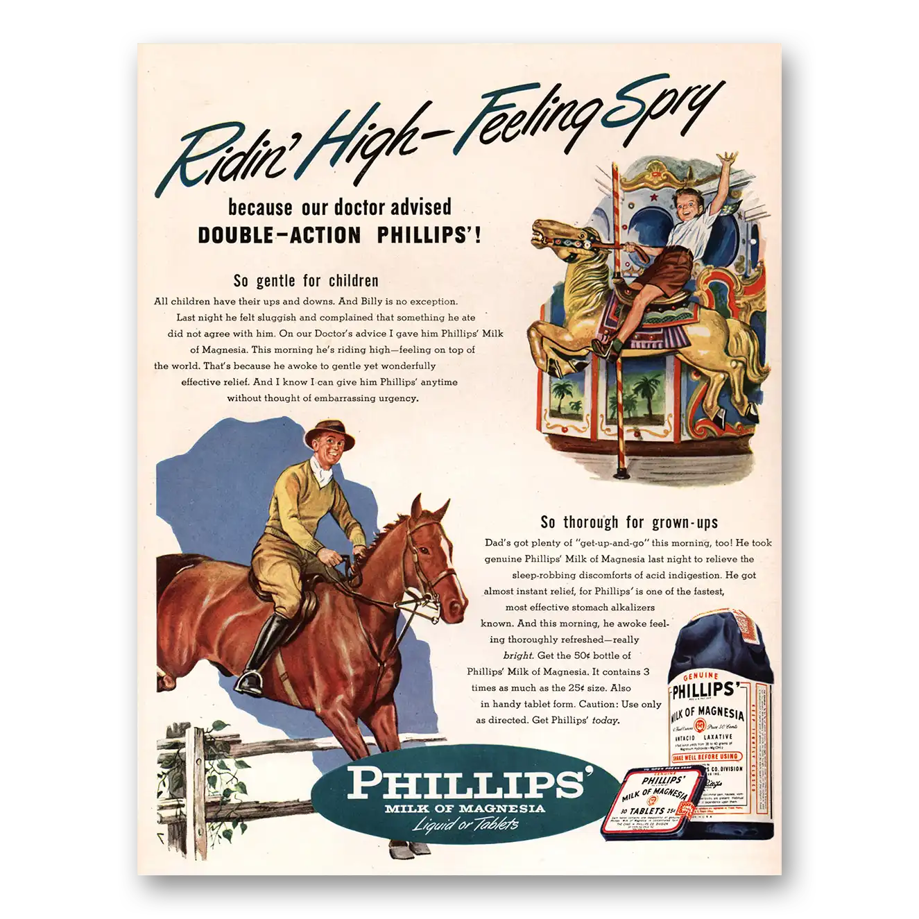 1947 Phillips Milk of Magnesia Ridin High Feeling Spry Vintage Magazine Print Ad