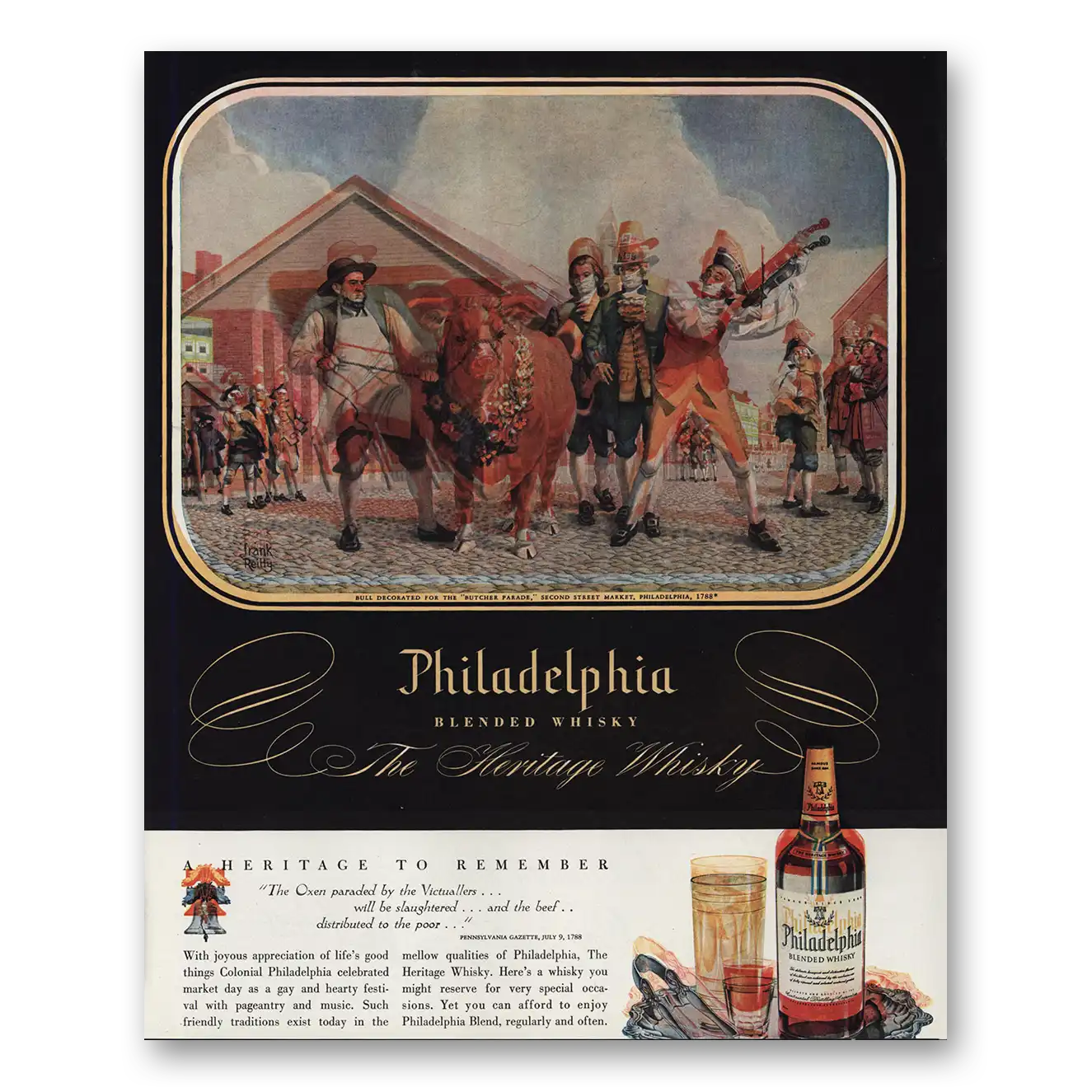 1947 Philadelphia Blended Whisky Bull Decorated Butcher Parade Vintage Magazine Print Ad