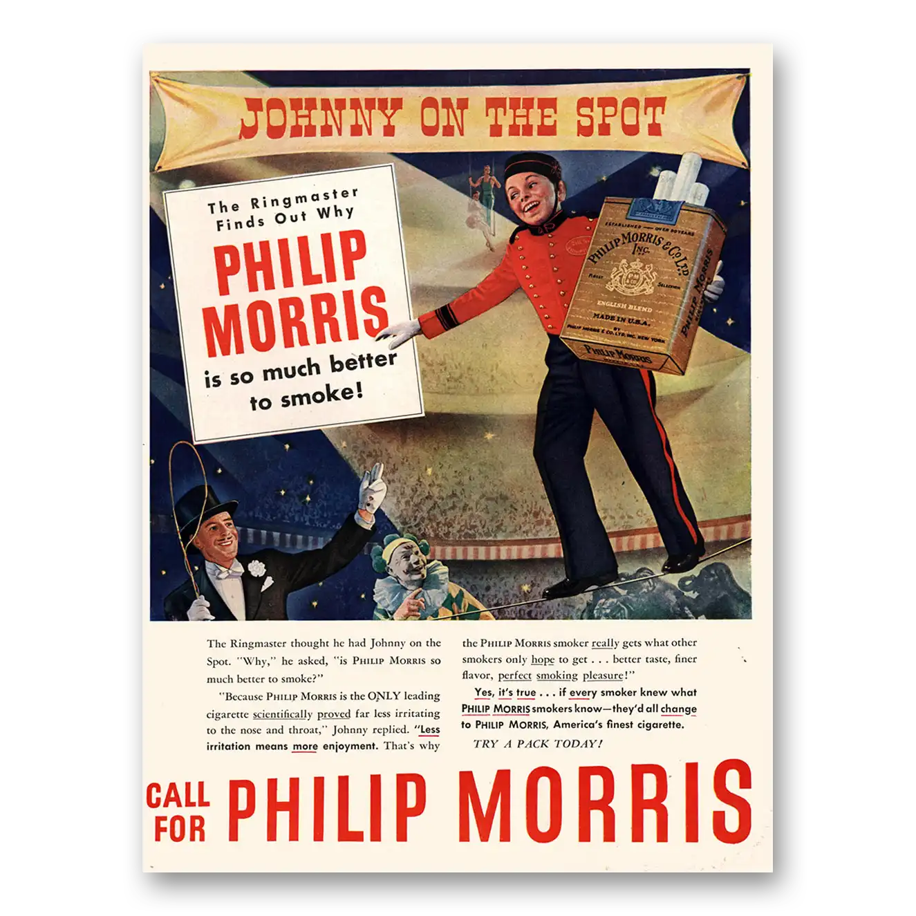 1947 Philip Morris Cigarettes Johnny On the Spot Ringmaster Vintage Magazine Print Ad