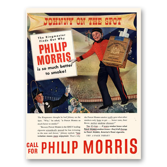 1947 Philip Morris Cigarettes Johnny On the Spot Ringmaster Vintage Magazine Print Ad