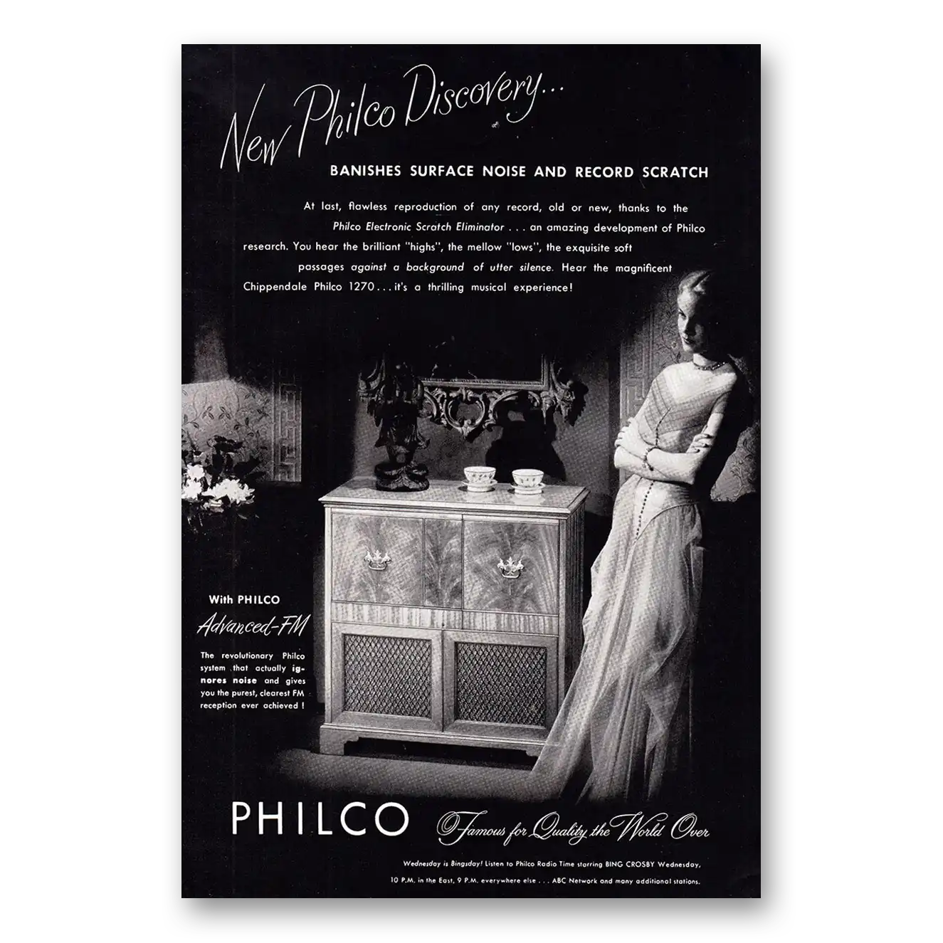 1947 Philco Radio Banishes Surface Noise and Record Scratch Vintage Magazine Print Ad