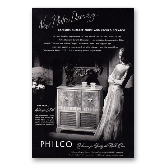 1947 Philco Radio Banishes Surface Noise and Record Scratch Vintage Magazine Print Ad