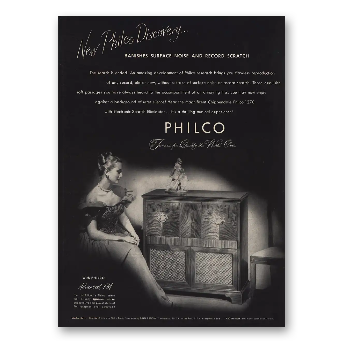 1947 Philco Radio Chippendale Philco Banishes Surface Noise Vintage Magazine Print Ad