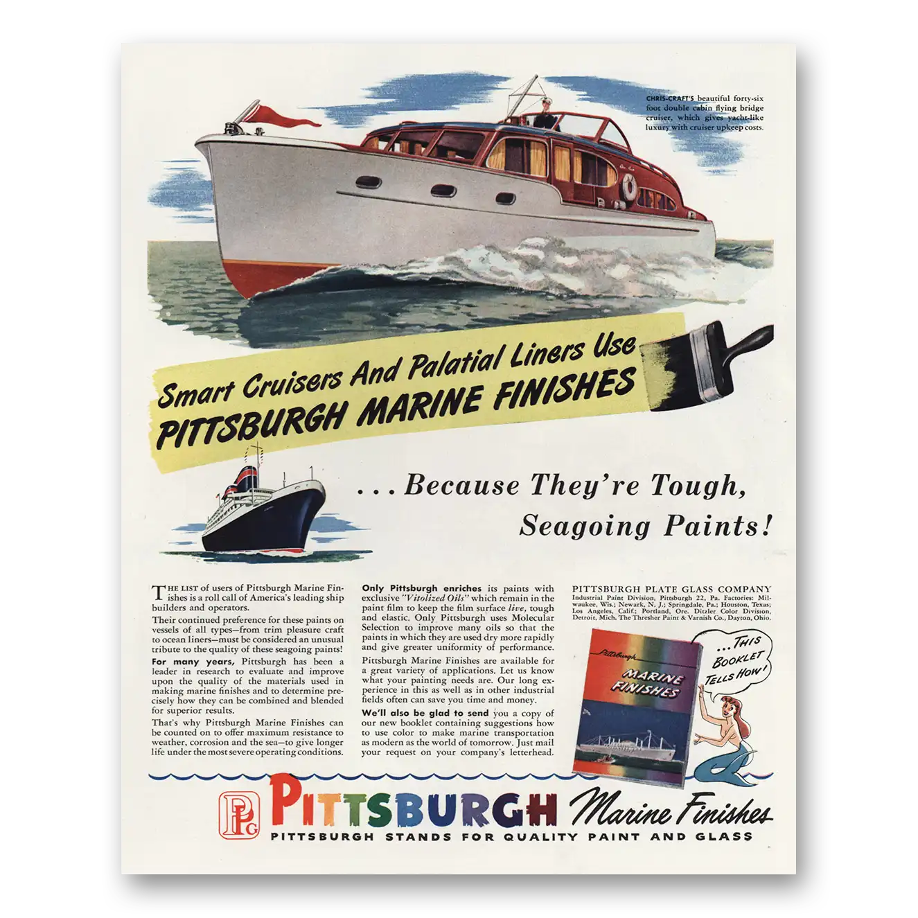 1947 Pittsburgh Paints Marine Finishes Smart Cruisers Vintage Magazine Print Ad