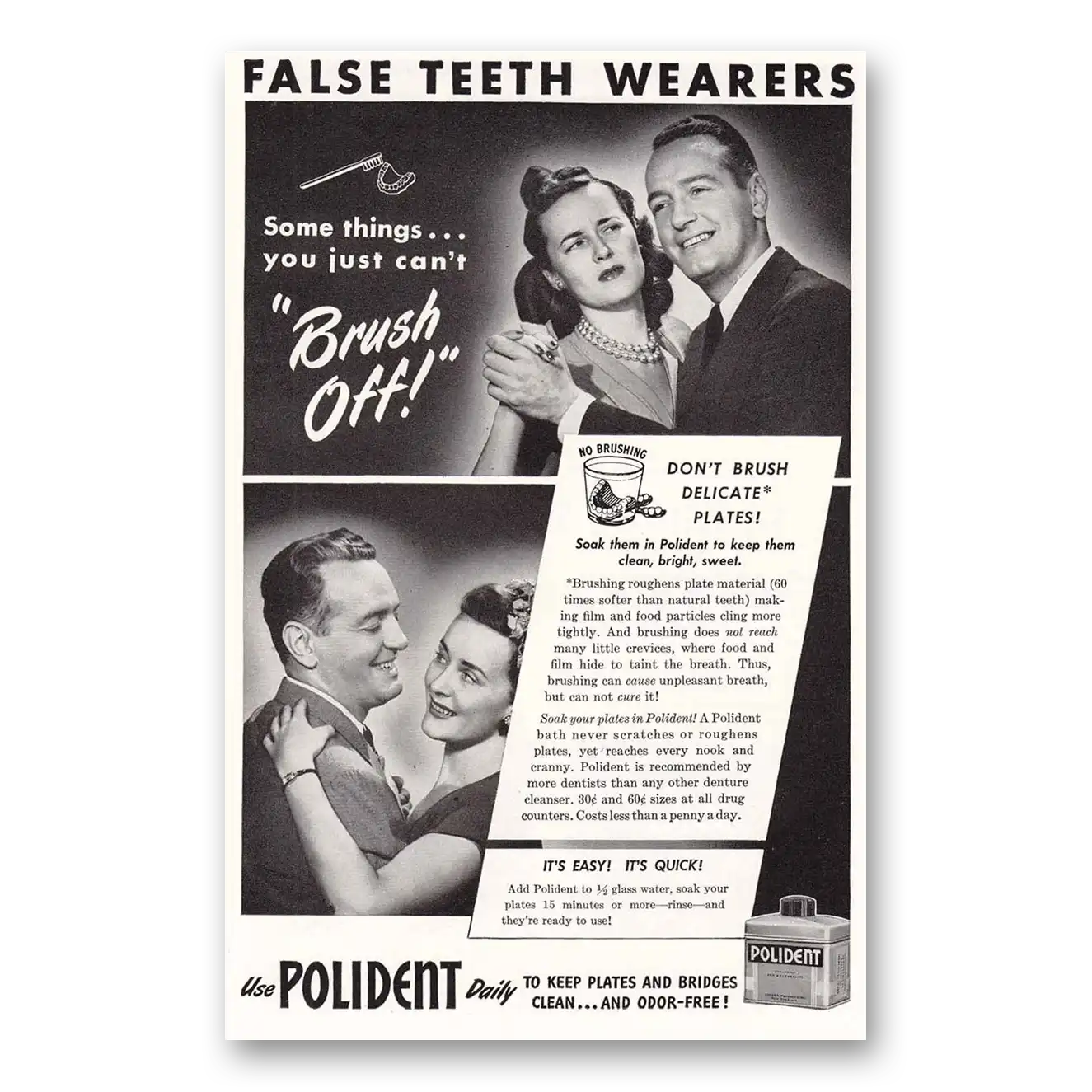 1947 Polident Brush Off Vintage Magazine Print Ad